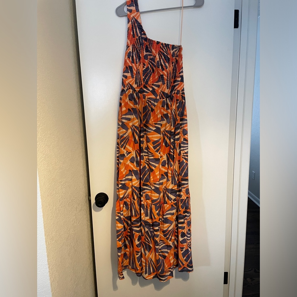 Nine West Orange and Navy Abstract Print Maxi One Shoulder Dress, Size L